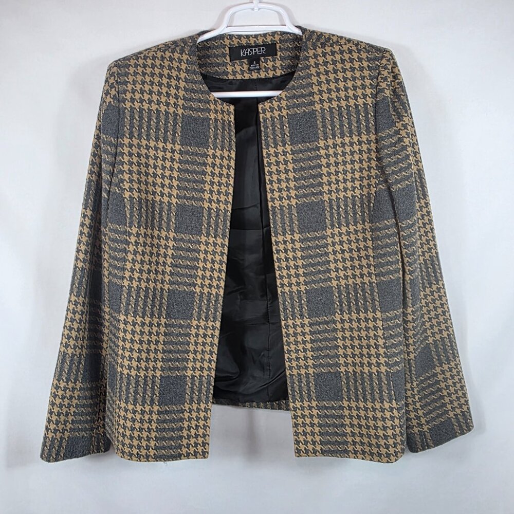 Vintage Kasper Wool Blend Skirt Suit Size 8 Gray & Yellow Plaid Jacket Gray Skir - Picture 5 of 15